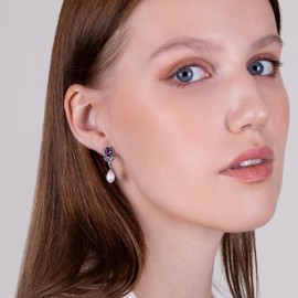 Gemondo USA 925 Sterling Silver Art Nouveau Pearl & Marcasite Drop Earrings, Sterling Silver, Amethyst