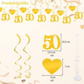 Pack of 18 Gold Swirl Decoration Number 50 Gold Spiral Garland Ceiling Hanger Double Spiral Decoration for 50th Birthday, Wedding, Anniversary or Party Decoration