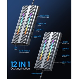 Docking Station USB C to HDMI Adapter, ORICO 12 in 1 RGB USB C Hub with 4K HDMI 1.4, VGA, 100W PD, Ethernet, 5 USB Data Ports, SD/TF, Audio, 14 RGB Lighting Modes, Compatible for Windows/Mac OS-Silver