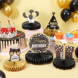 8 Pcs Happy Birthday Party Decorations,Honeycomb Centerpieces Set,Black and Gold Table Decorations for Men Women,3D Table Toppers for Birthday Party Baby Shower Booth Props Decor
