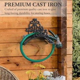 MyGift Wall Mounted Garden Hose Holder, Decorative Vintage French Floral Scrollwork hose Reel Hanger, Dark Coffee Cast Iron Water Hose Storage Rack