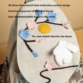 HUANGGUOSHU Women Cotton Woven Hippie Hemp Boho Canvas Embroidery Multi Pocket Retro Cute Backpack Wallet Backpack White rabbit