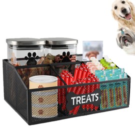 Brabtod Metal Mesh Dog Storage Organizer,5-Compartments Dog Treat Container for Countertop,Storage Bin for Dog Cat Treats, Ideal for Snack and Can Food-Black
