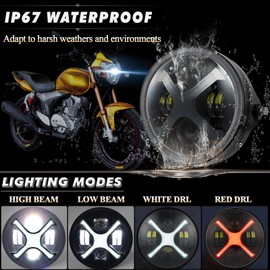 PKEDUO LED Motorcycle Headlight, White/Red Smoked X DRL 7inch Round Headlight with Housing Bucket Compatible with Buell Blast Cafe Racer CB400 SV650 Vulcan