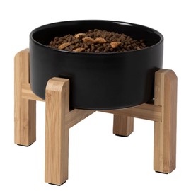 KIMAUTRM 6" Large Capacity Raised Dog Food Bowl with with Wooden Stand and Non-Slip Mat for Small and Medium Sized Color Black