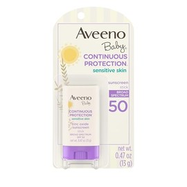 Aveeno Baby Protector solar mineral en barra de protección continua para pieles sensibles con amplio espectro SPF 50 de protección para cara y cuerpo, 100% óxido de zinc de origen natural, tamaño de viaje, 0.47 onzas