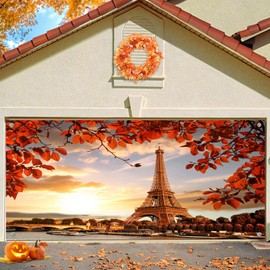 6X13ft Fall Autumn Eiffel Tower Garage Door Decorations Background Sunset Fall Scene France Landmark Picture Backdrop Thanksgiving Baby Shower Party Indoor Outdoor Decor Banner Cover