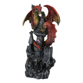 Ebros Spiron Ember Fire Dragon Wyrmling Perching On Castle Tower Top Statue with Rhinestone Crystal Gem 5.25" H Collectible Wishing Dragons Figurine Collectible Series Dungeons Medieval Fantasy Decor
