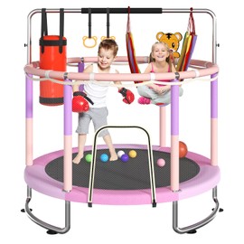 Trampoline for Kids, Upgrade Full Anti-Rust 440lbs Toddler Trampoline with Net, 60'' Upgraded Ring Legs with Adjustable Gymnastics Bar&Toys, Gifts for Ages 1-8 Boys&Girls(Pink)