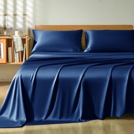 Homiest Queen Sheet Set 4pcs, 100% Rayon Derived from Bamboo Sheets, Cooling & Breathable Bedding for Hot Sleepers, Soft Luxury Sheets with 16" Deep Pocket, Hotel-Grade Silky Comfort (Navy Blue)