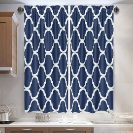 Melodieux Moroccan Fashion Tier Curtains for Kitchen, Geometric Print Rod Pocket Curtains for Cafe Bathroom Small Windows, 29 x 45 Inch, Navy Blue