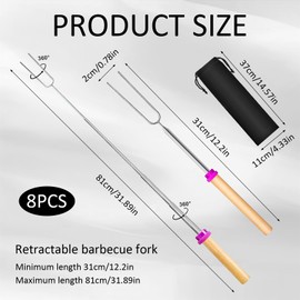 Pack of 8 Telescopic Barbecue Skewers, Stainless Steel, Marshmallow Skewers, Stick Bread Skewers, Campfire Grill Fork, Stainless Steel Extendable 31-81 cm Sticks Kebab Skewers, for Camping Grill BBQ