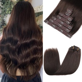 Extensiones de cabello con clip, cabello humano real, cabello humano Remy de primera calidad de color marrón oscuro, extensiones de cabello liso, 7 piezas suaves, cabello humano real con clip para