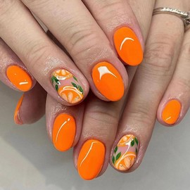 Spring Summer Orange Press on Nails Mirror Solid Color False Nails Medium Oval Fake Nails Reusable Acrylic Nails for Women Girls