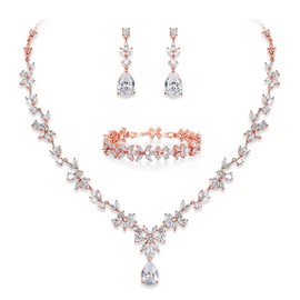 EVER FAITH Bridal Jewelry Set for Bride Bridesmaid, Rose Gold Plated Flower Leaf White Cubic Zirconia Necklace Earrings Bracelet for Wedding Party