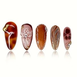 Flower Press on Nails Brown Fake Nails with Gold Design Fall Glue on Nails Medium Almond False Nail Glossy Full Cover Artificial Acrylic Stick on Nail for Women Girls Manicure 24Pcs