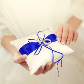 Greensen Wedding Ring Cushion Wedding with Bowknot Fleck Double Hearts Diamonds Ring Cushion Wedding Ring Cushion 20 x 20 cm Blue