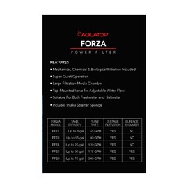 Aquatop Forza 45 GPH Power Filter for Aquariums – for 5-15 Gal Freshwater & Saltwater – Advanced Filtration Design for Crystal Clear Water – PFE-1