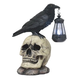 Ebros Gift Edgar Allan Poe Corvus Raven Perching On Rose Skull Statue with Solar LED Lantern Light Crow Scavenger Bird Ossuary Figurine for Courtesy Path Or Night Light
