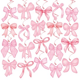 20Pcs Pink Bow Party Hanging Swirls, Girl Bow Princess Party Hanging Streamers Whirl, Coquette Birthday Party Bow Ceiling Hanging Decor for Bow Theme Bridal Shower Engagement Bachelorette Party