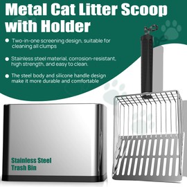 XIAOXINGYUN Stainless Steel Cat Litter Scooper with Holder, Metal Cat Litter Scoop Holder Includes Litter Bags, Heavy-Duty Scooper with Coarse and Fine Grids for Quick Screening and Easy Cleaning