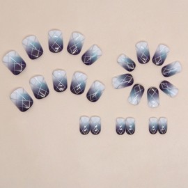 Acrylic Press on Nails Square Short Fake Nails with Lines Designs Purple Blue Ombre Nails Press ons Glossy Glue on Nails Daily Wear Simple Artificial Stick on Nails for Women 24Pcs