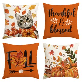 Artoid Mode Large Cat Maple Leaves Autumn Cushion Covers Set of 4 45 x 45 cm Fall Autumn Decorative Cushion Cover Couch