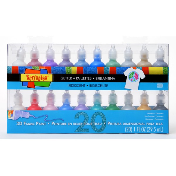 Scribbles Bulk Buy Glitter 3D Paint Glitter - Pack de 20 Pinturas de Purpurina, no tóxicas y permanentes para Telas, Camisetas, Mochilas, pósteres, Vidrio, Madera y más
