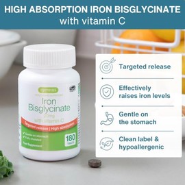 Ferro Bisglicinato 20mg con Vitamina C, integratore stanchezza, gentile sullo stomaco e ben tollerato, alto assorbimento con rilascio mirato, 180 comp