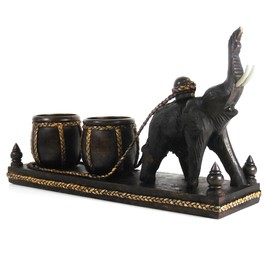 AeraVida Grand Asian Elephant Carving Rain Tree Wooden Tealight Candle Holder Set