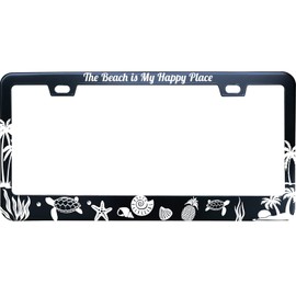 XHuiZio Place Sea Turtle Starfish Seaweed The Beach is My Happy License Plate Frame for Women/Men, Black Stainless Steel Car Tag Frame, 6"x12" 2 Holes & Screws Fits Standard US/CA