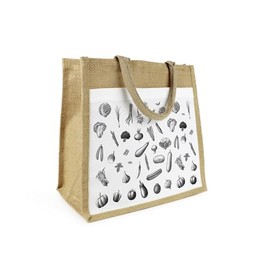 Black & White Vegetables Jute Shopping Bag - Food Themed Gift for Cooks - Eco Friendly Reusable Shopper Bag with Front Pocket Present