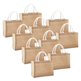 YACEYACE Jute Travel Tote Bags, Set of 10 Burlap Bags, Medium 14.5" x 6.7" x 10.2", Reusable Bag for Party, Wedding, Beach, Bridesmaid