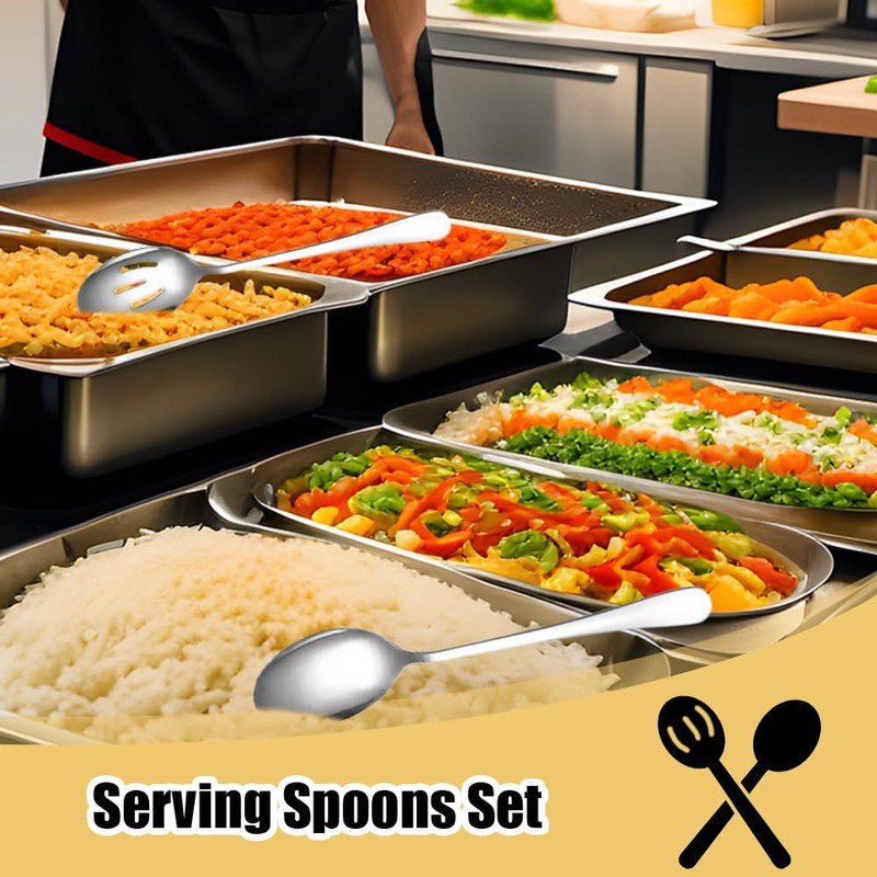 2 PCS Serving Spoons Set Stainless Steel Slotted Spoon Long