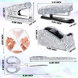 Demissle 6 Pcs Bling Office Desk Accessories Set Crystal School Stationery Kit Scissor Stapler with Staple, Tape Dispenser, Diamond Pen, Staple Remover, Binder Clip, Paper Clip, Push Pins (White)