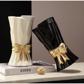 WLGRANJIA Black Ceramic Bow Vase, 9.3 Inch Flower Vase for Home Decor, Boho Style, Large, Black