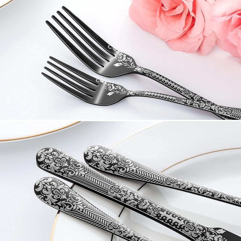 Fivent Floral Damask Rose Black Cutlery Set - 20 pcs