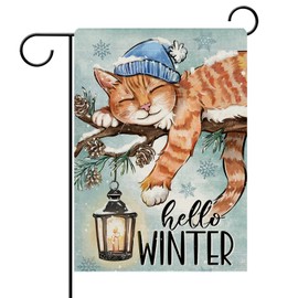 Dyrenson Hello Winter Orange Cat Decorative Garden Flag, Pine Branch Lantern Yard Outside Home Decorations Pet Lover Gift, Christmas Seasonal Burlap Outdoor Small Decor Double Sided 12 x 18