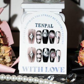 TENPAL Press on Nails Medium Crystal Cat Eyes Y2k Designs Coffin Fake Nails With Glue Handmade Pink Nails With Hand Painted Pattern 10pcs/Box False Nails Press ons For Women Girls