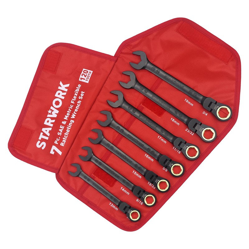 STARWORK TRUE MECHANIC™ 7Pc. 120T SAE&Metric Flexible Ratcheting Wrench Set,