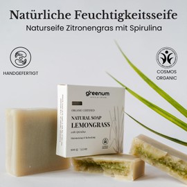 Greenum Organic Lemongrass Soap with Spirulina - Invigorating & Moisturising - 100 g - Natural Soap - Cosmos Organic Certified - Vegan