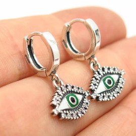 Sterling 925 Sterling Silver C Z & Enamel Evil Eye Dangling Hoop Earrings