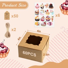 OAMCEG OAMCEG 60pcs Cookie Boxes with Window, 4x4x2.5 Inch Bakery Treat Boxes with Cake-Themed Stickers for Mini Cake, Pastry, Dessert, Chocolate, Strawberries, Party Favors (Brown)