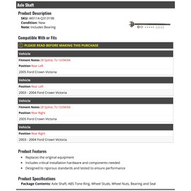 Rear Axle Shaft - Includes Bearing - Compatible with 2003-2005 Ford Crown Victoria (To 12/04/2004)
