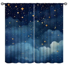 Mchenxin Watercolor Night Sky Curtains, Blue Starry Scenery Golden Stars Print Rod Pocket Window Curtains Drapes for Kids Boys Girls Bedroom Living Room, 42x45in (No Blackout)