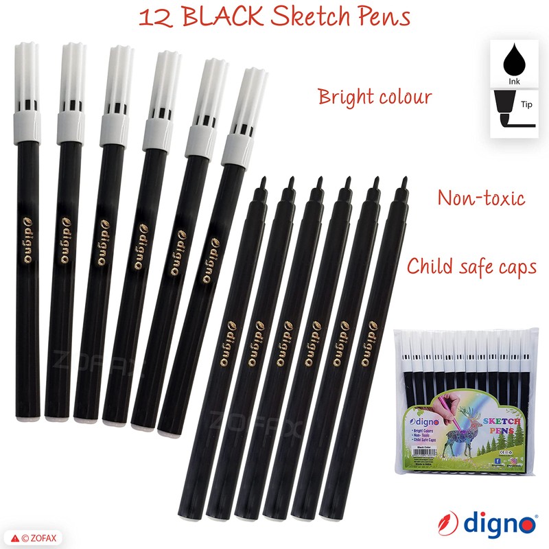 DIGNO SketchStic Felt Tip Pens, BLACK, Pack of 12, Fibre