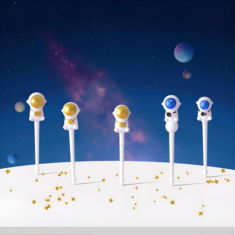 8pcs Blue and Gold Astronaut Fruit Fork for Kids, Fun