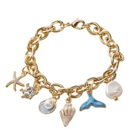 Bohemian Starfish Shell Pearl Conch Charm Bracelet for Women Gold Chunky Cuban Link Chain Boho Mermaid Rhinestone Seashell Pendant Anklet Bracelets Summer Hawaiian Ocean Beach Holiday Trendy Jewelry