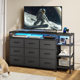 TV Stand for 60 Inches TV,Dresser with Charging Station & LED Lights, 9 PU & Fabric Drawers,Entertainment Center and Industrial TV Console Table with Open Shelves for Living Room, Bedroom,Black