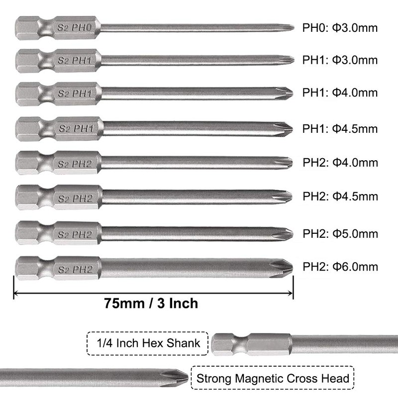 Saipor 8-Piece 75 mm Long Phillips Screwdriver Bits Set S2